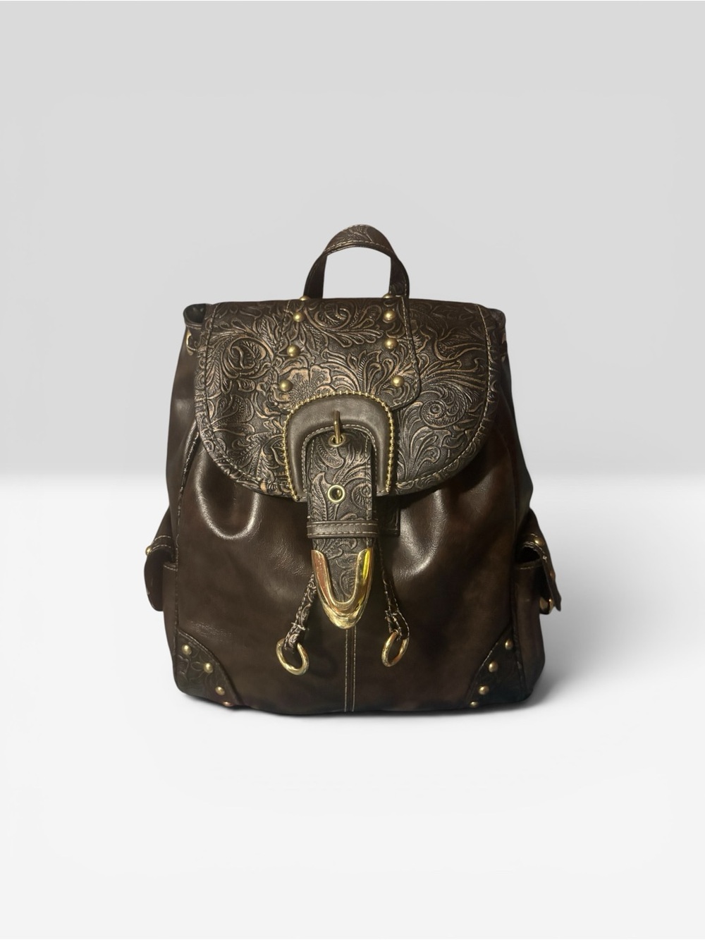 Embossed Floral Leather Flap Backpack - Dark Brown